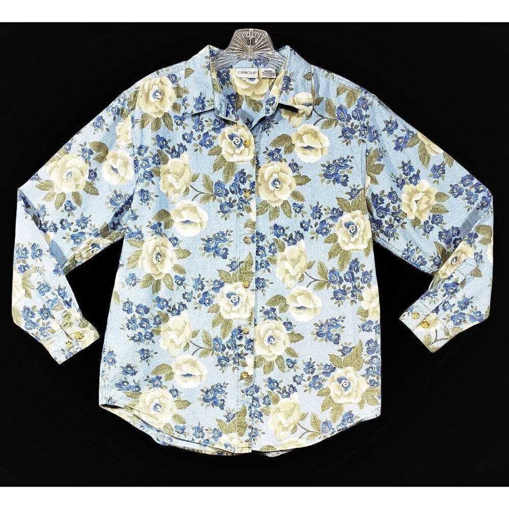 Cabin‎ Creek Top Womens Sz M Medium Blue Floral Button Down Shirt Cottage Core